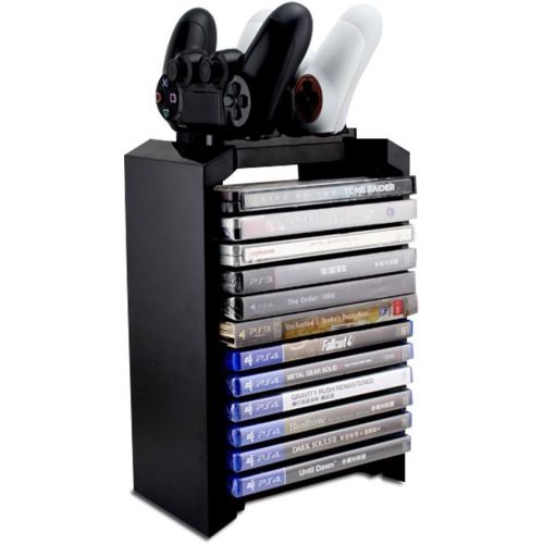  [아마존베스트]Amever-PS4 Storage Tower Holder Stand & Dual Charger Dock for Sony Dualshock 4 Controller/Gamepad Joystick - Playstation 4 Console Controllers Charging Station - Stores 12 Games -
