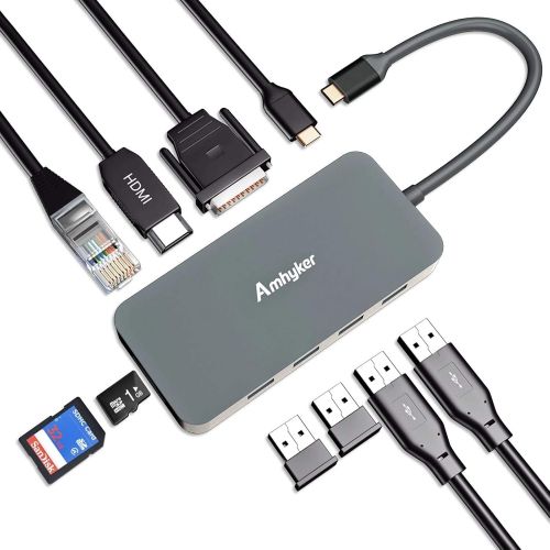  USB C Hub,Amhyker USB Type C Adapter 10 in 1 Ultra Slim Aluminum Gigabit Ethernet,Type C 2 USB 3.0...