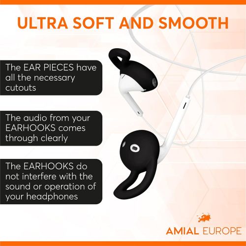  [아마존베스트]Amial Europe - Earhook Eartips with Wings, Compatible with AirPods EarPods Headphones [4 Pairs] Headset, Non-Slip Silicone Soft Earcups (Black)