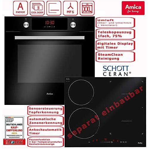  [아마존베스트]Amica Schott Ceran, self-contained oven set, induction hob, 60 cm, convection flex zone slider control, pot detection, AutoBridge Zone Stop & Go