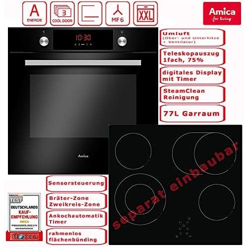  [아마존베스트]Amica Self-sufficient Oven Set Glass Ceramic Hob 60 cm Recirculation Telescopic Pull-Out Roasting Dish Zone Two Circuit Zone Frameless XXL Large Oven