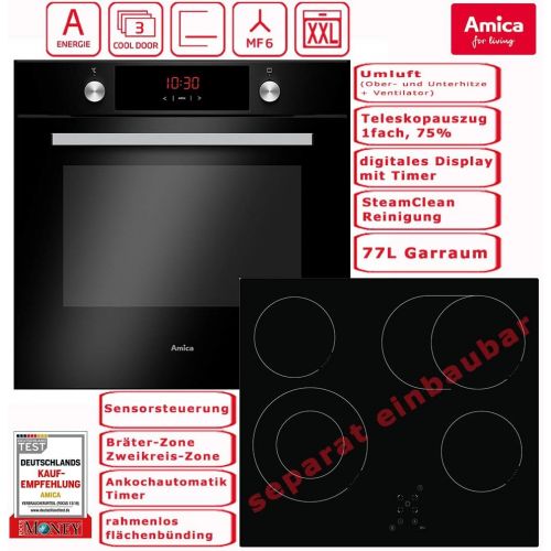  [아마존베스트]Amica Self-sufficient Oven Set Glass Ceramic Hob 60 cm Recirculation Telescopic Pull-Out Roasting Dish Zone Two Circuit Zone Frameless XXL Large Oven