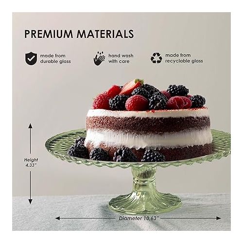  Amici Home Rochester Footed Glass Cake Stand | Round Vintage Style Cake Plate | Serving Platter for Cupcakes, Cookies, Birthday Cake | Dessert Display Stand for Parties, Weddings, and Gift (Green)