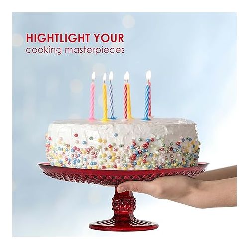 Amici Home Diamond Footed Glass Cake Stand | Round Vintage Style Cake Plate | Serving Platter for Cupcakes, Cookies | Dessert Display Stand for Parties, Weddings, and Gift | 10” D x 3.7” H (Red)