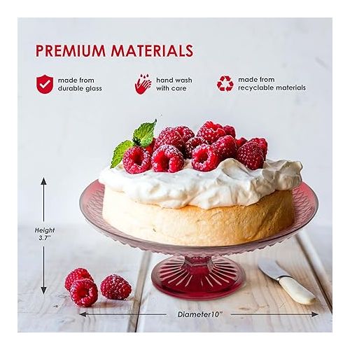  Amici Home Diamond Footed Glass Cake Stand | Round Vintage Style Cake Plate | Serving Platter for Cupcakes, Cookies | Dessert Display Stand for Parties, Weddings, and Gift | 10” D x 3.7” H (Red)