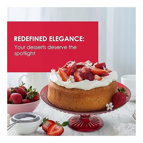  Amici Home Diamond Footed Glass Cake Stand | Round Vintage Style Cake Plate | Serving Platter for Cupcakes, Cookies | Dessert Display Stand for Parties, Weddings, and Gift | 10” D x 3.7” H (Red)