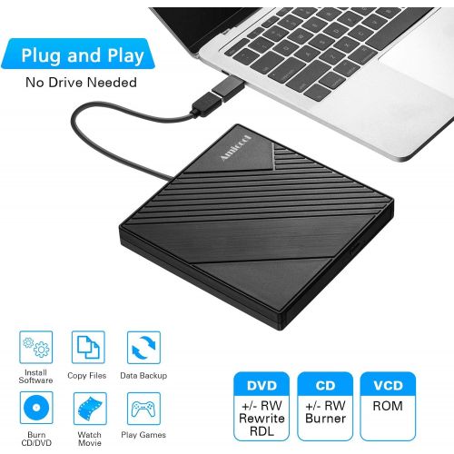  [아마존베스트]External DVD Drive USB 3.0 USB C CD Burner Amicool CD/DVD +/-RW Optical Drive,Slim Portable DVD CD ROM Rewriter Writer Duplicator for Laptop Desktop PC Windows 10/8/7 MacBook Mac L