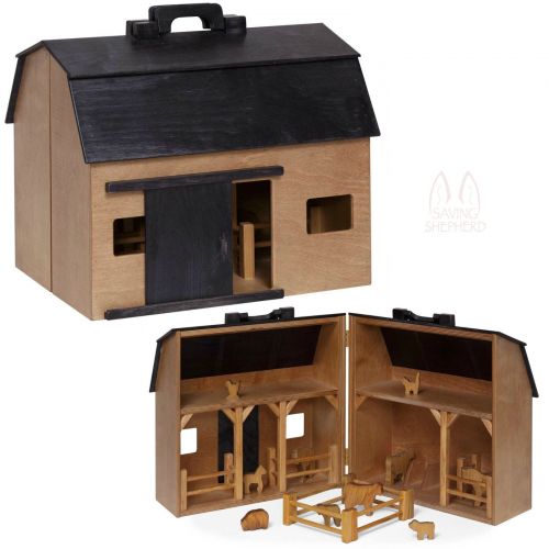 LARGE TOY WOOD BARN Complete w Farm Animals & Fence - Amish Handmade in USA