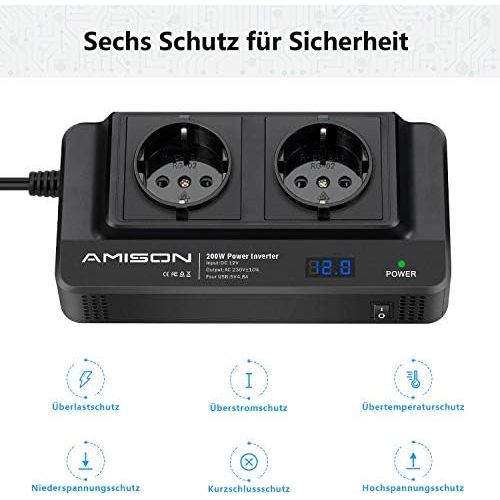  [아마존베스트]-Service-Informationen 200 W Car Inverter, Amison Voltage Converter 12 V to 230 V with Smart Real Time Display LCD, 2 Sockets and 4 USB Car Chargers, Power Inverter for Business Trips and Holidays, Black