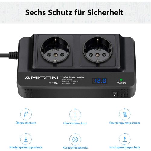  [아마존베스트]-Service-Informationen 200 W Car Inverter, Amison Voltage Converter 12 V to 230 V with Smart Real Time Display LCD, 2 Sockets and 4 USB Car Chargers, Power Inverter for Business Trips and Holidays, Black