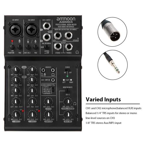  [아마존 핫딜]  [아마존핫딜]Ammoon DJ-Mixer  4-Kanal Mischpult  DJ-Mischpult Mini-Mischpult USB-Port  intergrierter Verstarker  Mikrofonsektion  48V Phantom Power AGM04