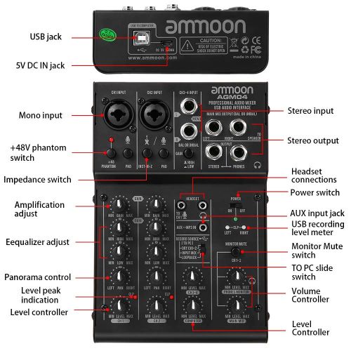  [아마존 핫딜]  [아마존핫딜]Ammoon DJ-Mixer  4-Kanal Mischpult  DJ-Mischpult Mini-Mischpult USB-Port  intergrierter Verstarker  Mikrofonsektion  48V Phantom Power AGM04