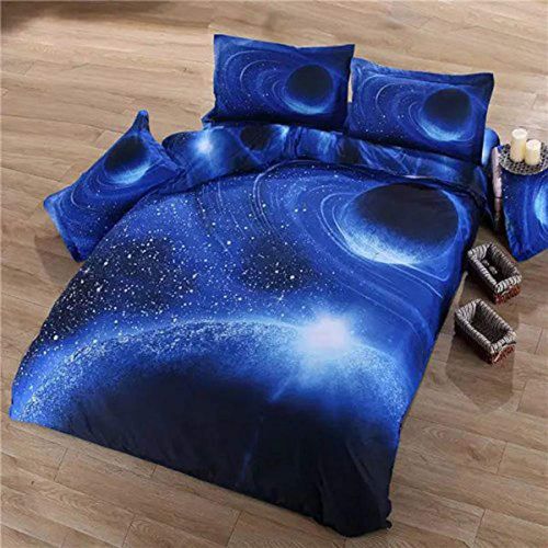  Ammybeddings 4 Piece Blue Space Duvet Cover with 1 Flat Sheet and 2 Pillow Shams Charming 3D Galaxy Bedding Sets Twin Blue Soft Stylish Bedroom Decor for Kids Boys and Girls (No Co