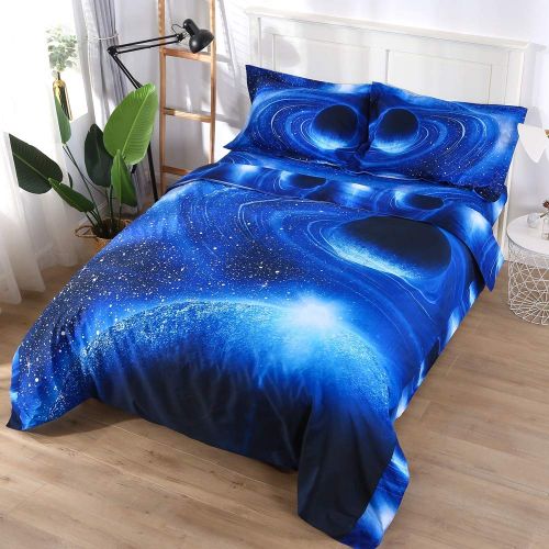  Ammybeddings 4 Piece Blue Space Duvet Cover with 1 Flat Sheet and 2 Pillow Shams Charming 3D Galaxy Bedding Sets Twin Blue Soft Stylish Bedroom Decor for Kids Boys and Girls (No Co