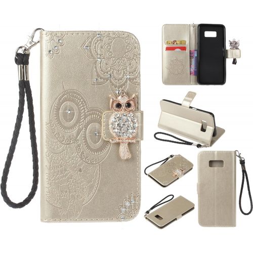  [아마존베스트]Amocase Wallet Case with 2 in 1 Stylus for Samsung Galaxy S8,3D Bling Gems Owl Magnetic Mandala Embossing Premium Strap PU Leather Card Slot Stand Case for Samsung Galaxy S8 - Gold