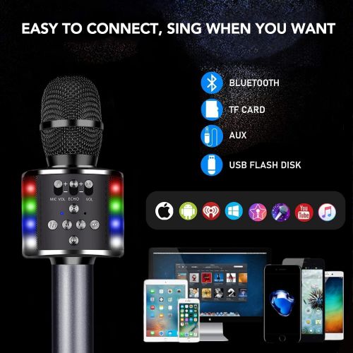  Amolabe Karaoke Microphone, Bluetooth Wireless Microphones with LED Lights, Portable Karaoke Speaker Mic with Recording Home Party Birthday for Kids Adults, for iPhone, Android