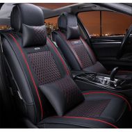 Amooca Airbag Compatible Universal Car Seat Cover Full Set Needlework PU leather Black & Red for 5 seat car 10pcs