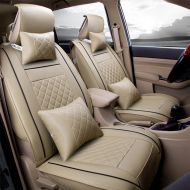 Amooca Super PDR 9Pcs Full Set PU Leather Deluxe Automotive Car Seat Covers Set Cushions Front Rear Universal fit for Vehicles,Cars,SUV elastic sponge Inside(Beige L)