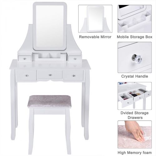  Amooly Vanity Set with Mirror Removable Makeup Organizer,Cushioned Stool Dressing Table Vanity Makeup Table