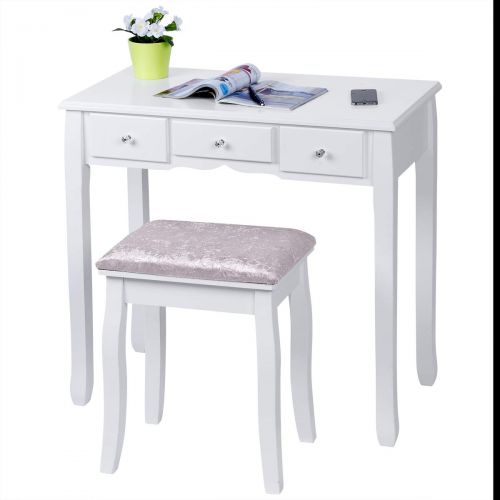  Amooly Vanity Set with Mirror Removable Makeup Organizer,Cushioned Stool Dressing Table Vanity Makeup Table