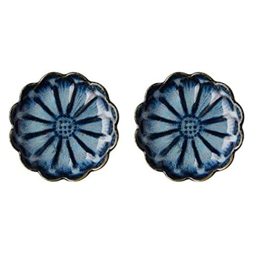  [아마존베스트]Amosfun 3pcs Ceramic Seasoning Sauce Dishes Sunflower Shaped Food Dipping Plates Vintage Tableware (Denim Blue)