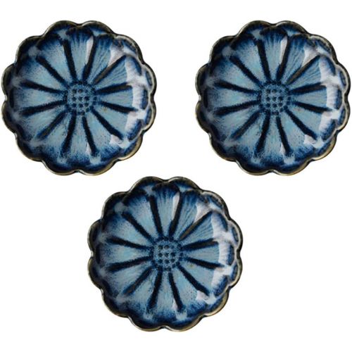  [아마존베스트]Amosfun 3pcs Ceramic Seasoning Sauce Dishes Sunflower Shaped Food Dipping Plates Vintage Tableware (Denim Blue)