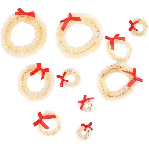  Amosfun 10pcs Mini Christmas Wreaths Sisal Wreath with Frost Xmas Art Supplies for 1/12 Dollhouse Christmas Craft Decoration Pendant Kids Pretend Play Toy Beige Bow