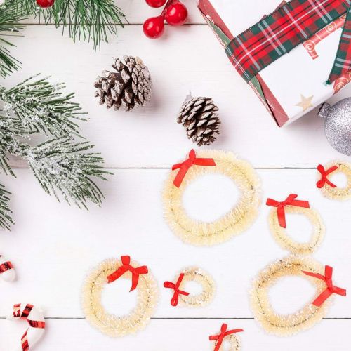  Amosfun 10pcs Mini Christmas Wreaths Sisal Wreath with Frost Xmas Art Supplies for 1/12 Dollhouse Christmas Craft Decoration Pendant Kids Pretend Play Toy Beige Bow