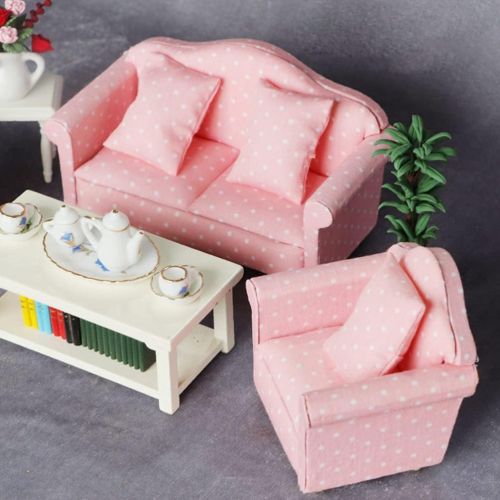  Amosfun 3pcs Dollhouse Couch Pink Sofa 1/12 Miniatures Dollhouse Furnishings Sofa Kit with Pillow Miniature Toys Couch Chairs for Living Room