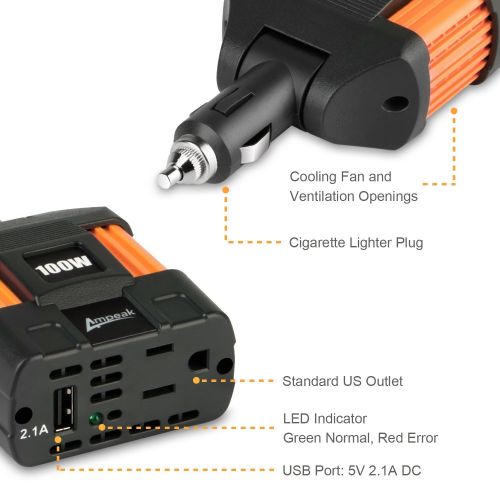  Ampeak 100W Car Power Inverter DC 12V to 110V AC Converter with 2.1A USB Car Adapter