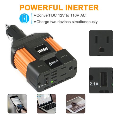  Ampeak 100W Car Power Inverter DC 12V to 110V AC Converter with 2.1A USB Car Adapter