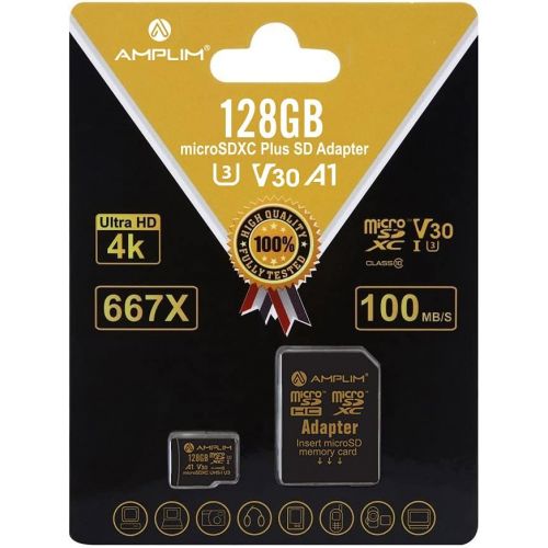  Amplim 128GB Micro SD Card, Extreme High Speed MicroSD Memory Plus Adapter, MicroSDXC SDXC U3 Class 10 V30 UHS-I TF Nintendo-Switch, Go Pro Hero, Surface, Phone Galaxy, Camera Secu