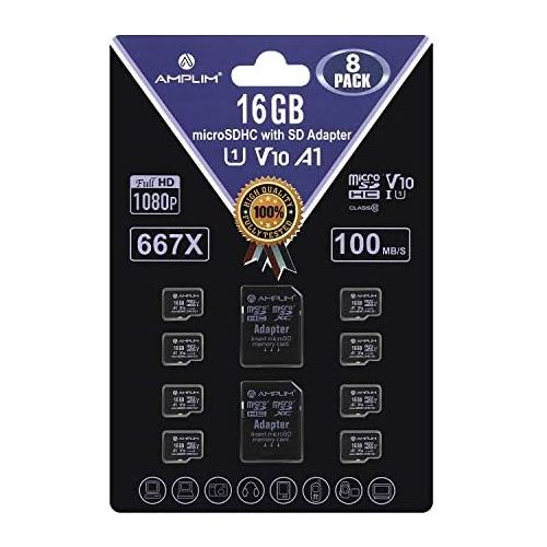  Amplim 16GB Micro SD Card, 8 Pack MicroSD Memory Plus Adapter, MicroSDHC Class 10 UHS-I U1 V10 TF Extreme High Speed Nintendo-Switch, GoPro Hero, Raspberry Pi, Phone Galaxy, Camera