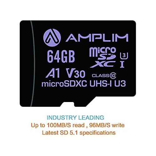  Amplim 64GB Micro SD Card, 2 Pack Extreme High Speed MicroSD Memory Plus Adapter, MicroSDXC U3 Class 10 V30 UHS-I Nintendo-Switch, Go Pro Hero, Surface, Phone Galaxy, Camera Securi