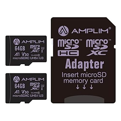  Amplim 64GB Micro SD Card, 2 Pack Extreme High Speed MicroSD Memory Plus Adapter, MicroSDXC U3 Class 10 V30 UHS-I Nintendo-Switch, Go Pro Hero, Surface, Phone Galaxy, Camera Securi