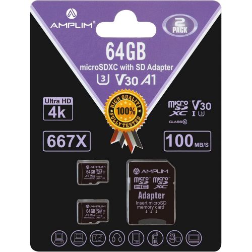  Amplim 64GB Micro SD Card, 2 Pack Extreme High Speed MicroSD Memory Plus Adapter, MicroSDXC U3 Class 10 V30 UHS-I Nintendo-Switch, Go Pro Hero, Surface, Phone Galaxy, Camera Securi