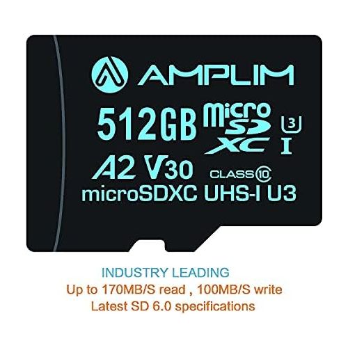  Amplim 512GB Micro SD Card, New 2021 MicroSD Memory Plus Adapter, Extreme High Speed 170MB/S A2 MicroSDXC U3 Class 10 V30 UHS-I for Nintendo-Switch, GoPro Hero, Surface, Phone, Cam