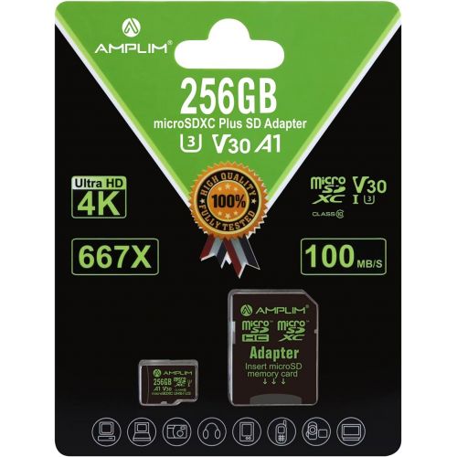  256GB Micro SD Card, Amplim Extreme High Speed MicroSD Memory Plus Adapter, MicroSDXC SDXC V30 A1 U3 Class 10 UHS-I TF Nintendo-Switch, GoPro Hero, Surface, Phone Galaxy, Camera Se