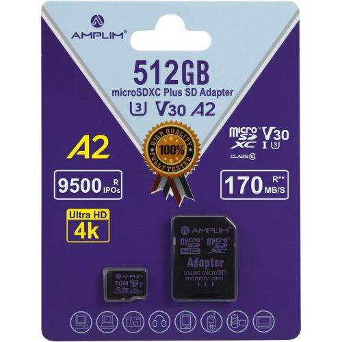  Amplim Micro SD Card 512GB, New 2021 MicroSD Memory Plus Adapter, Extreme High Speed 170MB/S A2 MicroSDXC U3 Class 10 V30 UHS-I for Nintendo-Switch, GoPro Hero, Surface, Phone, Cam