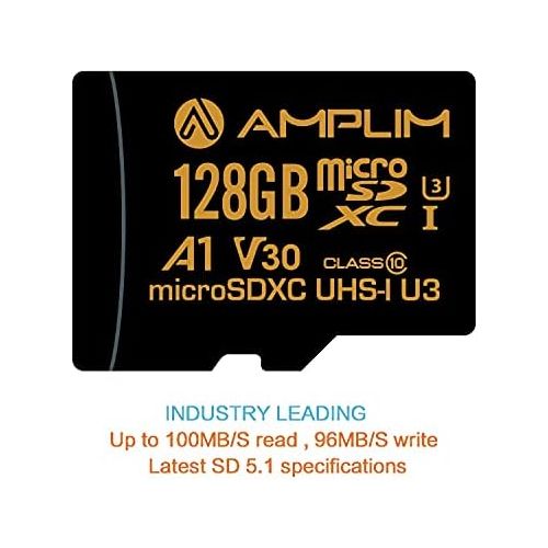  Amplim 128GB Micro SD Card, 2 Pack Extreme High Speed MicroSD Memory Plus Adapter, MicroSDXC U3 Class 10 V30 UHS-I Nintendo-Switch, GoPro Hero, Surface, Phone Galaxy, Camera Securi