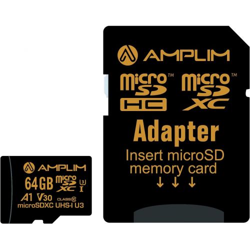 Amplim 64GB Micro SD Card, MicroSD Memory Plus Adapter, MicroSDXC SDXC U3 Class 10 V30 UHS-I TF Extreme High Speed Nintendo-Switch, Go Pro Hero, Surface, Phone Galaxy, Camera Secur