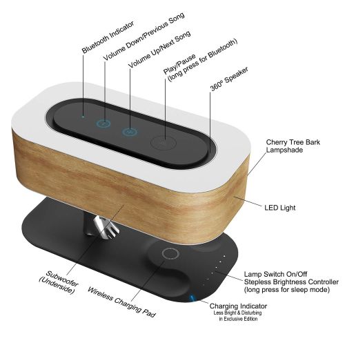  Ampulla Table Lamp with Wireless Charger and Bluetooth Speaker, Sleep Mode Stepless Dimming