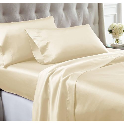  Amrapur Overseas 1SATINSG-IVY-KG 4 piece solid satin sheet set Ivory King,