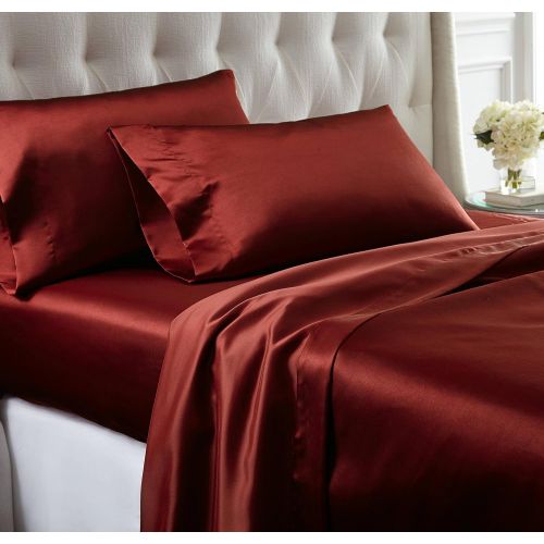  Amrapur Overseas 1SATINSG-RBY-KG 4 piece solid satin sheet set Ruby King,