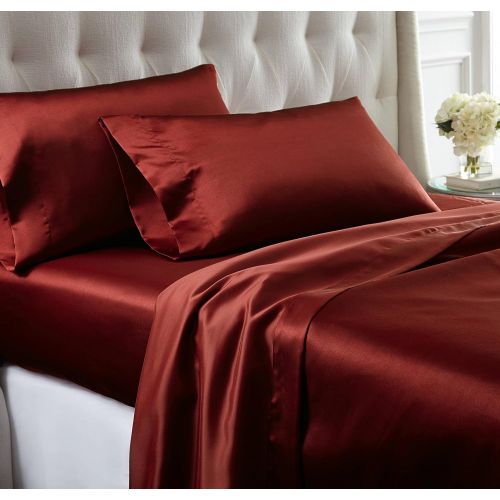  Amrapur Overseas 1SATINSG-RBY-CK 4 piece solid satin sheet set Ruby Cal. King, California