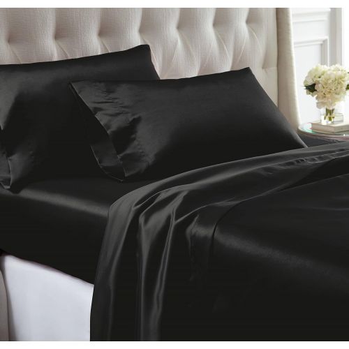  Amrapur Overseas 1SATINSG-BLK-KG 4 piece solid satin sheet set Black King,