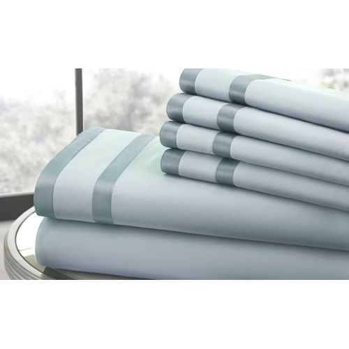  Amrapur Overseas | Ultra-Soft 1000 Thread Count 6-Piece Cotton Rich Bed Sheet Set with Double Satin Band (Queen, Sterling Blue/Celestial Blue)
