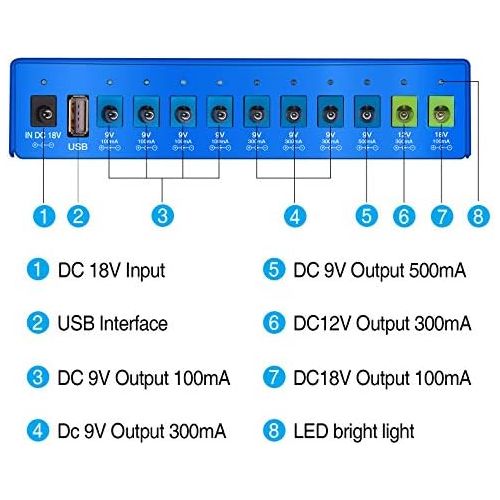  Amrence Guitar Pedal Power Supply,10 Isolated DC Output for 9V/12V/18V,Include 4 Pack LED Guitar Picks,Blue