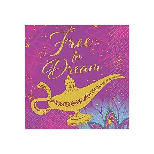  Amscan Disney Aladdin Purple and Glitter Gold Beverage Party Napkins, 5 x 5, 16 Ct.