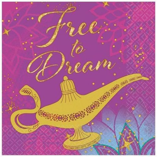  Amscan Disney Aladdin Purple and Glitter Gold Beverage Party Napkins, 5 x 5, 16 Ct.